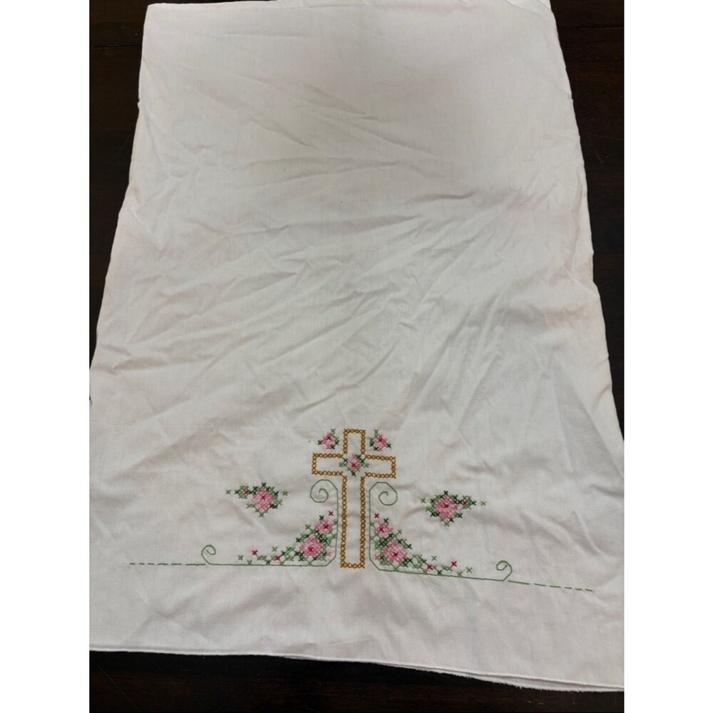 White cross stitched Cross pillowcase